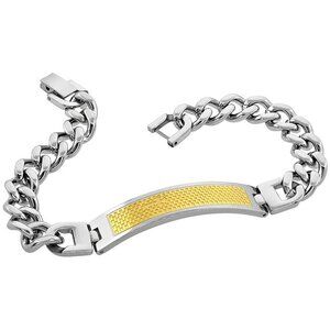 Stainless Steel ID Bracelet Yellow Checkered Design Design with Cross Curb Link